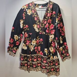 VENUS size 12 Black Floral V-Neck Long Sleeve Mini Dress 100% Viscose Boho Chic